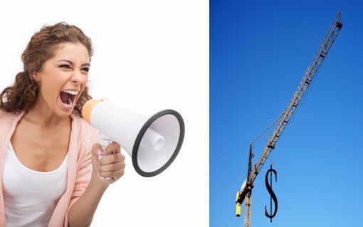 Woman Yelling Into Megaphone At Crane With Dollar Sisn